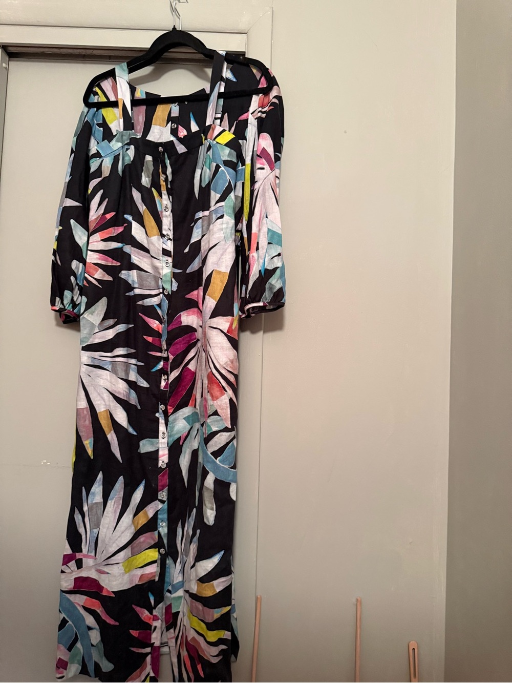 Mara Hoffman Black Tropical Button-Front Dresswith Multi Leaf Print